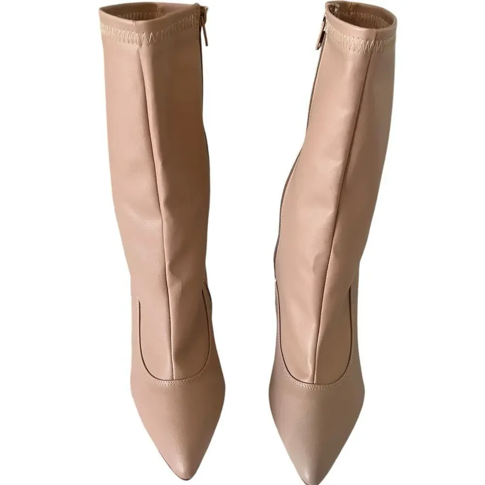 Mona Women Nude Pointed Boots Lucite Clear Block Heel Size MX 6 US 9‎ NWOB